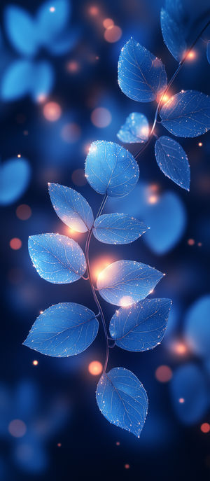 A close-up view of delicate blue leaves on a slender branch, illuminated by glowing light bokeh on a dark background.