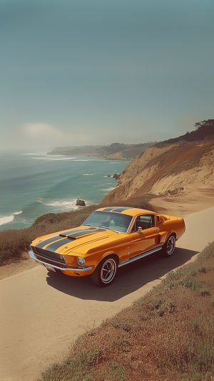 Orange vintage Mustang parked on a rugged coastal cliff road overlooking the blue ocean under a clear sky.