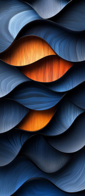 Seamless abstract composition of flowing blue and orange wooden wave-like layers creating dynamic texture.