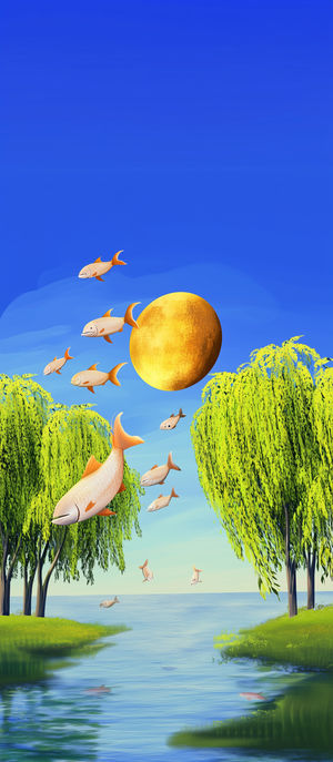A surreal landscape of golden orb over a calm lake with weeping willows and schools of fish flying across a blue sky.