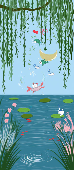 Vertical illustration of a kawaii pond with hanging willow branches, lily pads, pastel flowers, cat-fish hybrids, and a bunny on water.