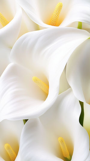 Close-up macro shot of white calla lily flowers with smooth petals and golden yellow spadix, ideal floral wallpaper.