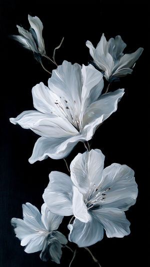 Close-up of white oil-painted blossoms with delicate petals against a deep black background, minimalist floral art wallpaper