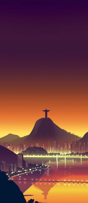 Stylized 4K view of Rio de Janeiro skyline at sunset with Christ the Redeemer and reflective bay.
