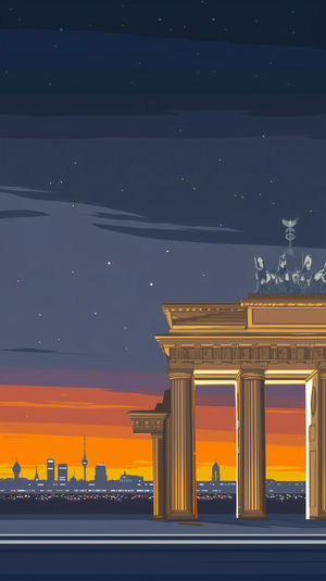 A digital artwork of the Brandenburg Gate at dusk with glowing orange sky, starry night above, and Berlin city skyline below.