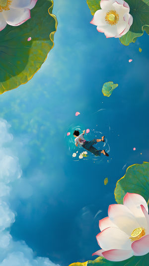 Top-down view of a person drifting in blue water among white and pink lotus flowers with large green leaves around.