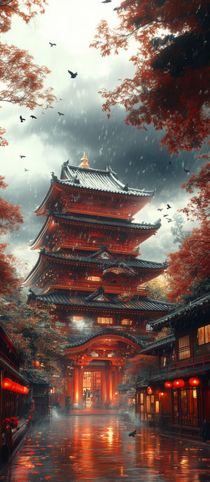 Rainy scene of a multi-tiered red Japanese pagoda glowing with lanterns, reflecting on wet ground under crimson trees.