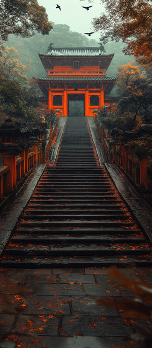 A red Japanese temple gate atop wet stone steps in a rainy autumn forest with falling leaves and crows overhead.