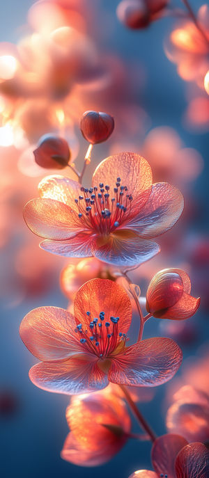 Close-up of glowing orange-red blossoms with blue stamen against a soft-focus blue background.