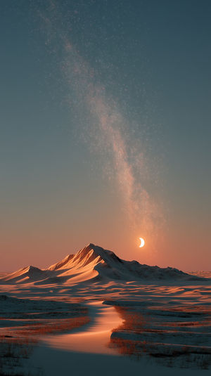 A vast desert landscape with sand dunes bathed in warm sunset glow, a crescent moon rising, and the Milky Way overhead.