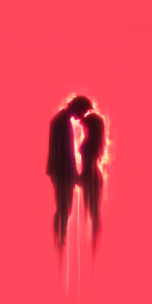 Silhouette of a romantic couple holding hands and leaning in for a kiss, glowing with neon pink and red light