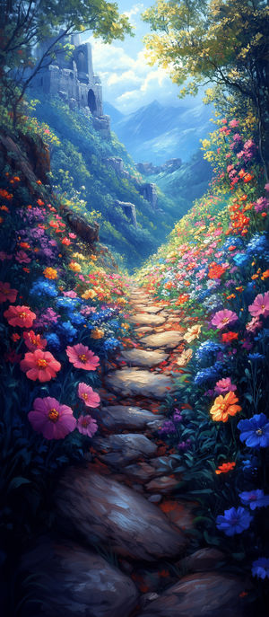 A stone pathway lined with vibrant wildflowers winding through a valley toward ancient castle ruins under a bright sky.