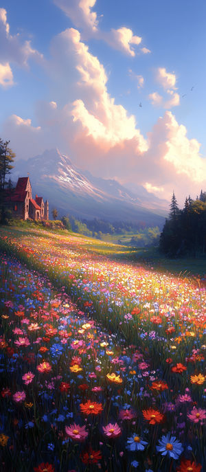 Vibrant wildflower meadow in golden sunrise light with red-roofed cottages, pine forest, and distant snow-capped mountains.