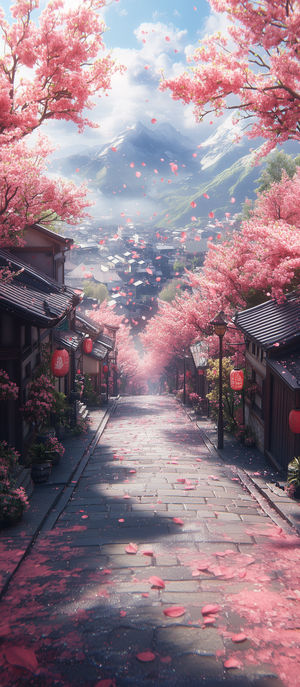 A cobblestone pathway lined with pink cherry blossom trees and Japanese houses, overlooking a misty mountain village.