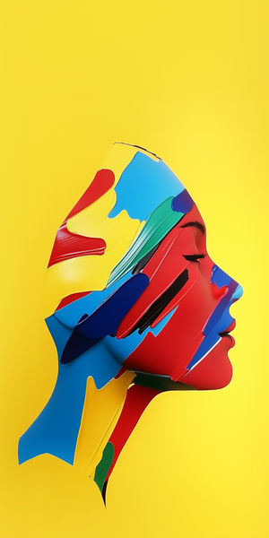 Profile view of a colorful abstract face silhouette made of bold red, blue, green, yellow, and black paint strokes on a yellow background.