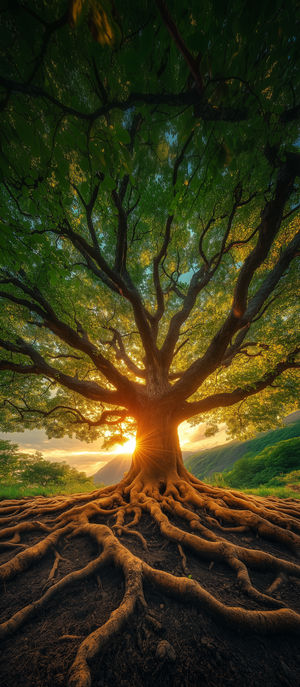 Sprawling oak tree with exposed roots at sunrise, golden light filtering through lush green leaves on a hillside.