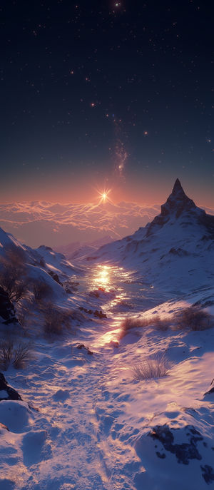 Snow-covered mountain valley at sunrise with golden light reflecting off icy path beneath a star-filled sky.