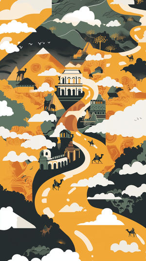 Vector illustration of a desert collage with a golden winding path, camels, pyramids, temples, clouds, and green hills.