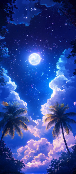 Full moon shining in a star-filled tropical night sky framed by glowing clouds and silhouetted palm tree outlines.