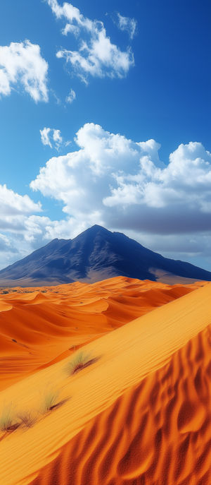Vibrant desert scene of orange sand dunes leading to a mountain under a bright blue sky filled with white clouds.