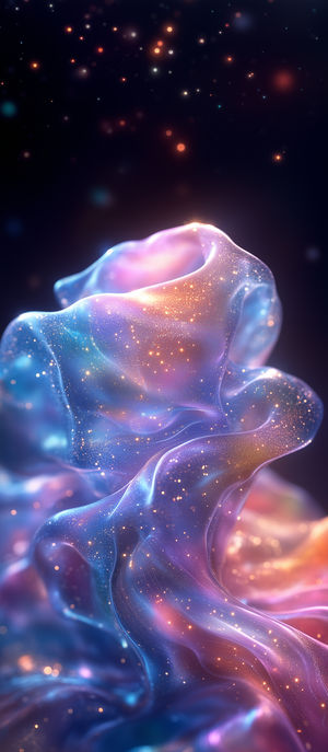 Abstract cosmic fluid form with glowing star-like particles floating against a dark starry background.