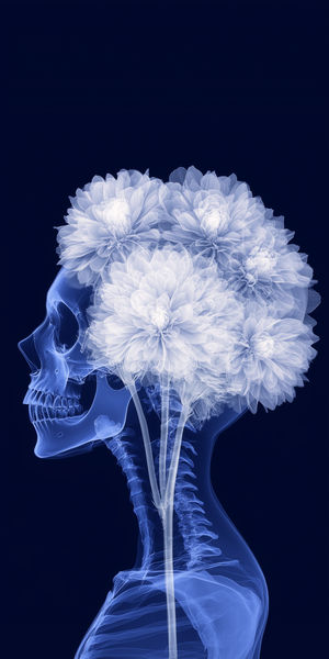 Side profile X-ray of a human skull and spine with translucent white flowers blooming in the brain area on a dark blue background