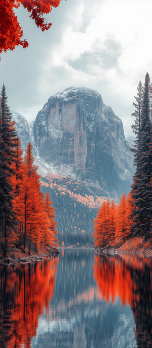 Tranquil mountain lake reflecting vibrant red autumn trees and snow-dusted granite peak under a cloudy sky.