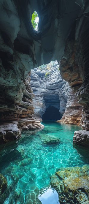 View inside a sunlit sea cave with towering limestone walls and vibrant turquoise water shimmering below.