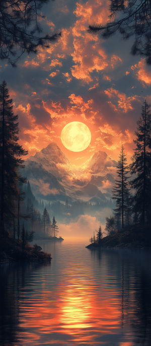 A full moon glowing above snowy mountain peaks, reflecting orange light on a calm alpine lake surrounded by pine trees.