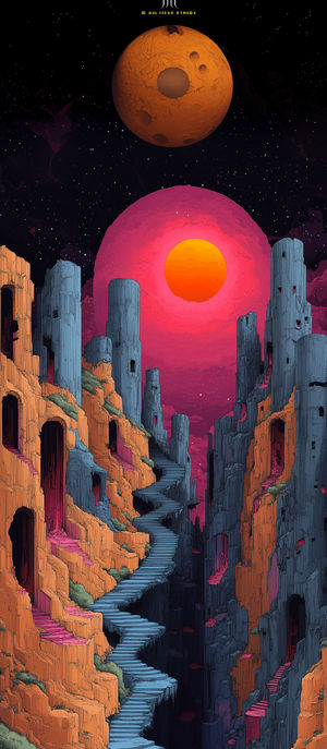 Surreal alien canyon with winding staircase through orange cliffs, glowing red sun, distant planet above starry sky.