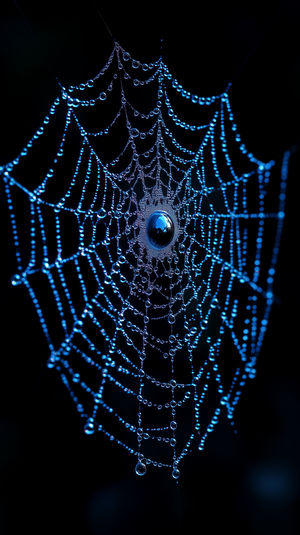 Close-up of a spider web with dew droplets glowing blue against a dark background, revealing intricate water bead patterns.