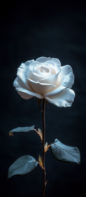 Close-up of a dew-covered white rose against a dark background, showcasing delicate petals and moody lighting.