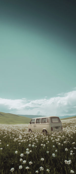 Camper Van in Flower Meadow - Download HD iPhone Lock Screen Wallpaper