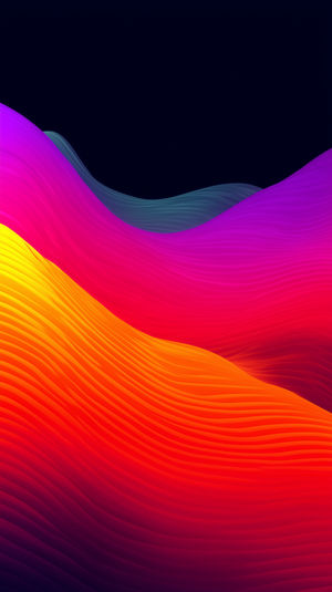 A digital art wallpaper with flowing abstract waves in neon pink, orange and purple hues over a deep dark background.