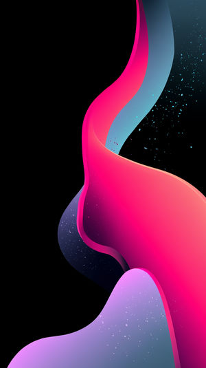 Abstract neon-blue and pink fluid ribbons twisting against a deep black background with scattered particles.