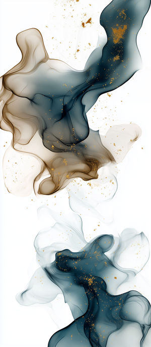 Flowing teal and beige abstract smoke swirls with scattered gold flecks on a white background for a minimalist modern look.