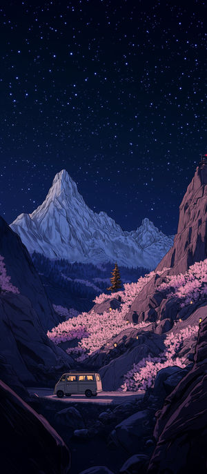 A camper van parked on a moonlit mountain road under a starry sky with cherry blossom trees and glowing lanterns.