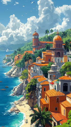 Illustration of a Mediterranean coastal village with orange rooftops on cliffs, palm trees by turquoise sea.