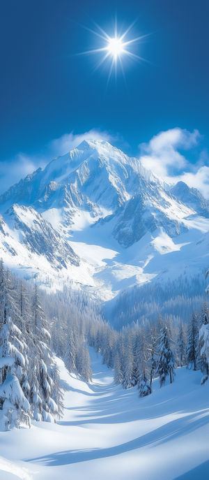 A majestic snow-covered mountain peak under bright sunlight, framed by clouds and a forest of snow-laden pine trees.