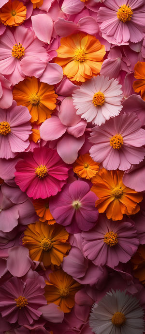 Close-up of vibrant pink and orange cosmos flowers and petals arranged in a dense overlapping pattern.