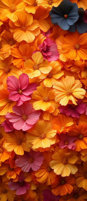Close-up of vibrant orange, yellow, and pink cosmos flowers densely layered in a seamless floral pattern wallpaper.