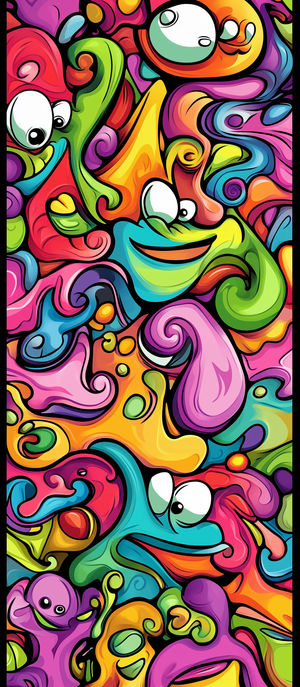 Colorful abstract cartoon doodle with smiling faces and swirling shapes in bright 4K resolution wallpaper design.