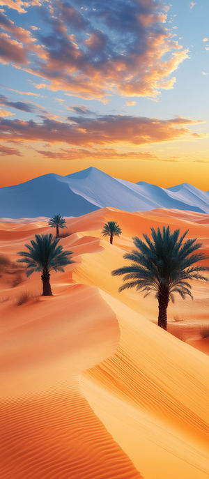 Vivid high-resolution wallpaper of golden sand dunes with scattered palm trees under a vibrant sunset sky.
