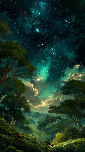 A lush forest valley opening up beneath a vibrant, greenish nebula-filled starry night sky with twinkling stars.