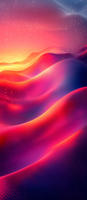 A vivid abstract neon wave landscape of glowing pink and purple dunes with sparkling stars drifting across the sky.