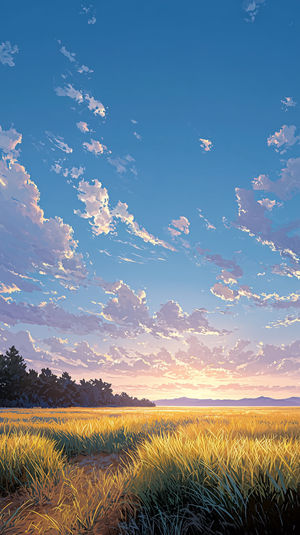 A golden wheat field bathed in sunset light beneath a sky filled with pink and purple clouds and a dark forest silhouette