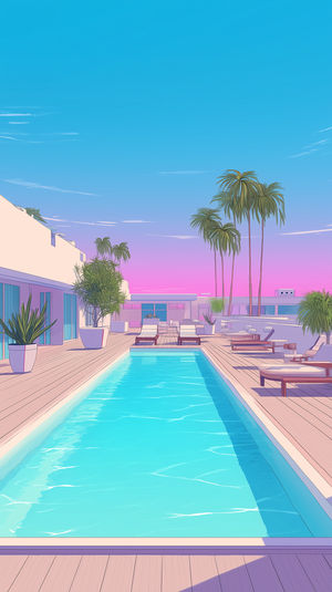An anime-inspired illustration of a modern rooftop pool at sunset with palm trees and pastel pink and blue sky.