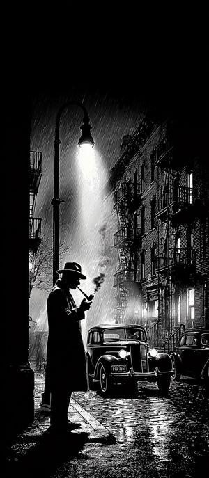 Monochrome noir illustration of a detective in a fedora smoking by a lamppost on a rain-slicked 1940s city street.
