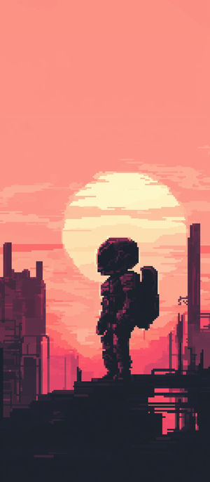 Silhouette of a pixel art astronaut standing on a ruined platform against a giant red sunset over a dystopian cityscape.