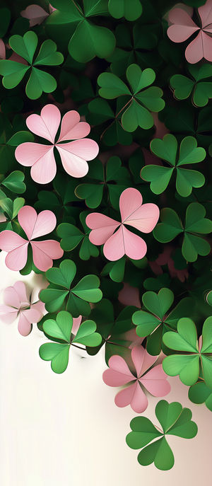 Close-up of green and pink stylized clover leaves forming an abstract floral pattern on a soft background.
